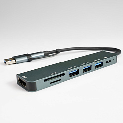 USB-хаб STEM 7 в 1, серый, алюминий