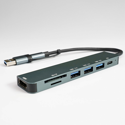 USB-хаб STEM 7 в 1, серый, алюминий