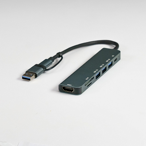 USB-хаб STEM 7 в 1, серый, алюминий